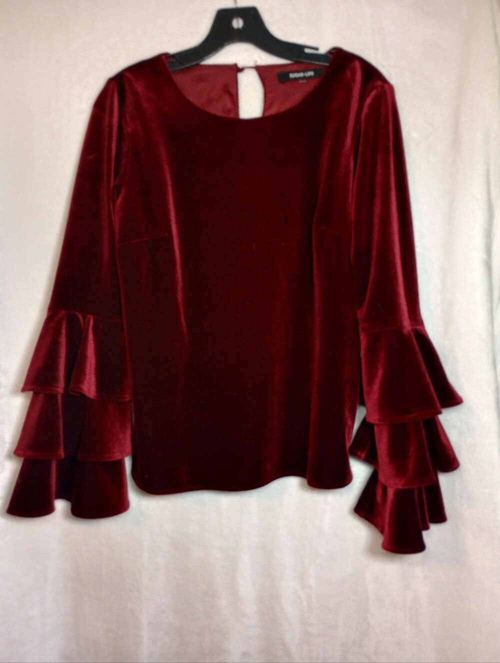 Red Velvet Ruffle Bell Sleeve Peasant Blouse Soft Romantic Boho Chic Top Maroon